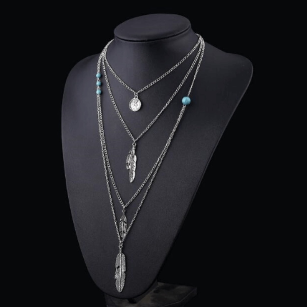 Multilayer Necklace Silver Tone Feathers